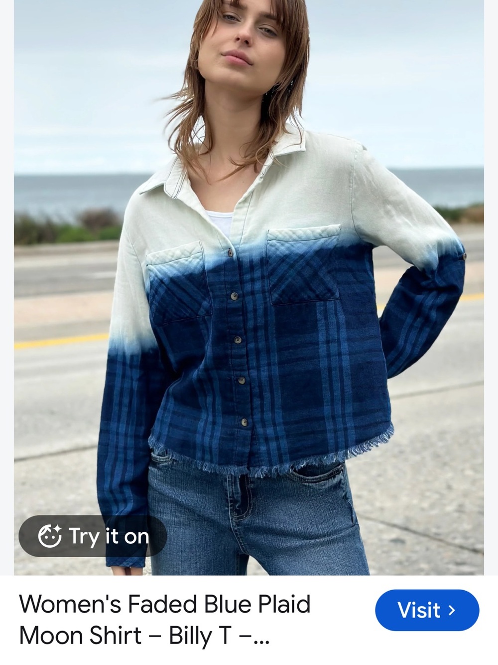 Billy T Women's Blue Dip-Dye Plaid Button-Down Shirt